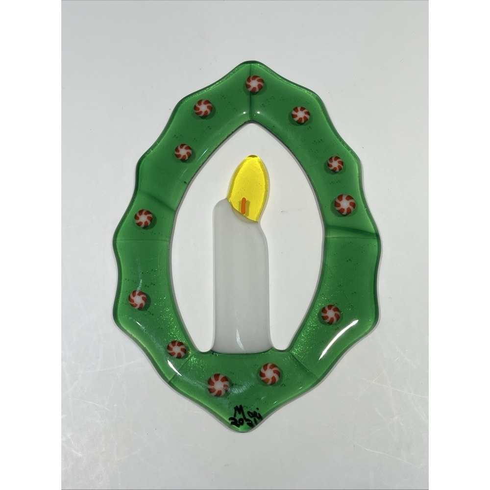 Handcrafted Fused Glass Christmas Wreath & Candle Suncatcher Peppermint Signed